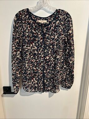 LOFT Navy, Burgundy and Cream Printed Button-Front Blouse